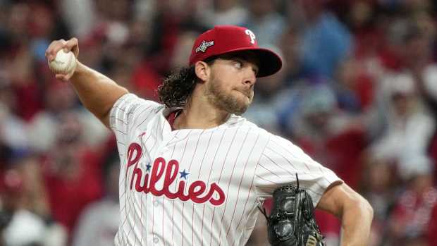 Philadelphia Phillies starting pitcher Aaron Nola (27) throws to the Arizona Diamondbacks in the sixth inning during Game 2 of the NLCS at Citizens Bank Park in Philadelphia on Oct. 17, 2023.